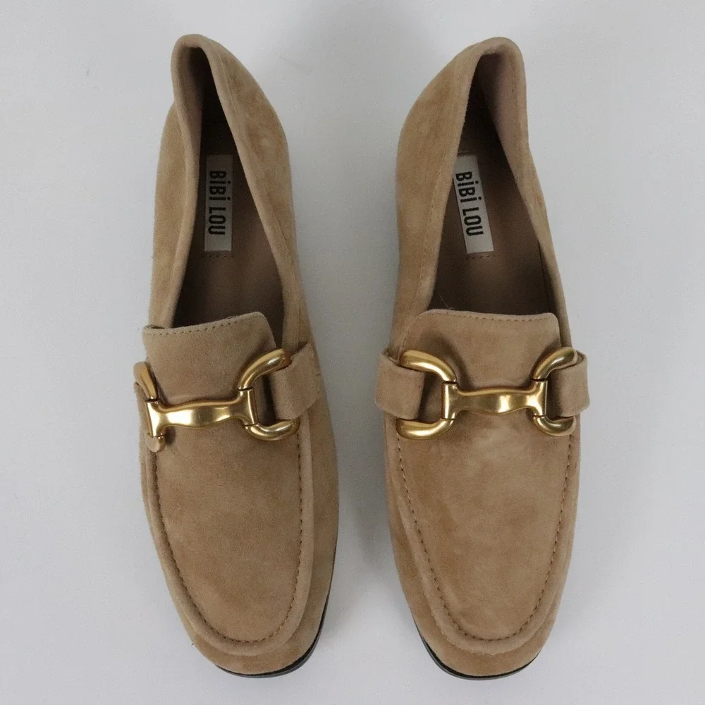Anthropologie Bibi Lou Zagreb Suede Loafers 39 8 Tan Suede Horsebit Gold Buckle